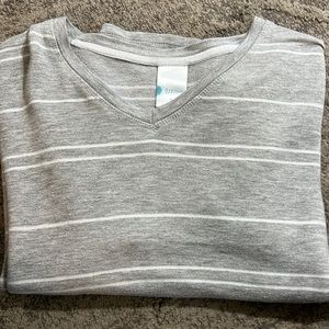 Light grey, white stripes. Super soft.